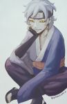  1boy artist_name baz_neko boruto:_naruto_the_movie chin_rest dated fingerless_gloves forehead_protector gloves highres indian_style japanese_clothes male_focus mitsuki_(naruto) naruto sandals signature silver_hair sitting solo yellow_eyes 