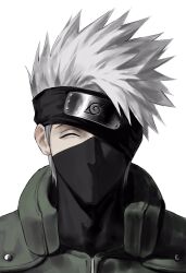  1boy black_eyes expressionless flak_jacket forehead_protector green_jacket hatake_kakashi highres jacket konohagakure_shinobi_uniform konohagakure_symbol looking_at_viewer male_focus mask mouth_mask naruto naruto_(series) ninja ninja_mask one_eye_covered short_hair simple_background smile solo spiky_hair sso_s white_background white_hair 