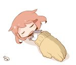  1girl blush_stickers brown_hair closed_eyes commentary_request fang gloves hair_ornament hairclip hanomido ikazuchi_(kantai_collection) kantai_collection long_sleeves lying minigirl on_side open_mouth school_uniform serafuku short_hair simple_background single_glove sleeping white_background 