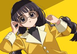  1girl :o absurdres adjusting_eyewear black_hair black_shirt blue_eyes blunt_bangs braid brown-tinted_eyewear buttons cardcaptor_sakura coat collared_coat commentary daidouji_tomoyo dutch_angle edoya_inuhachi glasses hands_up highres long_hair open_mouth rimless_eyewear round_eyewear shirt sleeve_cuffs solo symbol-only_commentary tinted_eyewear turtleneck turtleneck_shirt twin_braids twintails yellow_background yellow_coat yellow_theme 