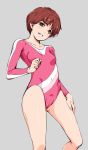  1girl breasts brown_eyes brown_hair covered_navel cowboy_shot gymnast_leotard highres leotard original parted_lips pink_leotard short_hair small_breasts solo standing wacchi 