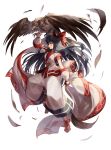  1girl ainu_clothes animal arm_at_side arm_up bangs bird black_hair blush bow breasts brown_eyes cloak feathers fingerless_gloves floating_hair from_side full_body gloves hair_bow hair_ribbon hairband hawk highres holding irua leg_up long_hair mamahaha nakoruru palms pants parted_lips profile red_bow red_shoes ribbon samurai_spirits sash sheath sheathed shoes short_sleeves simple_background small_breasts very_long_hair weapon white_background 