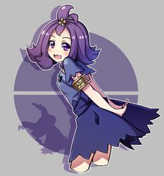  1girl :3 :d acerola_(pokemon) armlet arms_behind_back bare_arms blush costume cowboy_shot cropped_legs dress elite_four eyebrows_visible_through_hair flat_chest flipped_hair grey_background hair_ornament highres leaning_forward looking_away looking_back looking_to_the_side mimikyu open_mouth outline pikachu_costume poke_ball pokemon pokemon_(creature) pokemon_(game) pokemon_sm purple_dress purple_hair shadow shefu short_hair short_sleeves smile stitches tareme tongue topknot torn_clothes torn_dress torn_sleeves trial_captain violet_eyes 