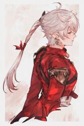  1girl absurdres alisaie_leveilleur artist_name back blue_eyes final_fantasy final_fantasy_xiv highres hutaba_0718 jacket long_hair looking_at_viewer red_jacket solo upper_body white_hair 