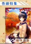  1girl absurdres autumn_leaves bangs blue_sky brown_eyes brown_hair closed_mouth clouds cloudy_sky coffee-kizoku day eyebrows_visible_through_hair highres long_sleeves looking_at_viewer original outdoors pleated_skirt sailor_collar scan scarf school_uniform shiny shiny_hair sitting skirt sky smile solo thigh-highs winter_clothes zettai_ryouiki 