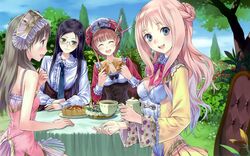  4girls astrid_zexis atelier_(series) atelier_meruru atelier_rorona atelier_totori black_hair blue_eyes blue_necktie breasts brown_eyes brown_hair cleavage closed_eyes coffee_cup dress eating eyebrows_visible_through_hair female food game_cg glasses green_eyes hair_ornament hat highres kishida_mel long_hair looking_at_viewer merurulince_rede_arls multiple_girls necktie official_art open_mouth outdoors pink_dress pink_hair rororina_fryxell see-through_silhouette short_hair sitting small_breasts totooria_helmold tree wallpaper 