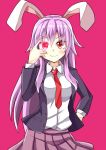  &gt;:) &gt;:3 1girl :3 aki_chimaki animal_ears blazer blush collared_shirt glowing glowing_eye hand_on_hip jacket long_hair looking_at_viewer miniskirt necktie purple_hair rabbit_ears red_eyes reisen_udongein_inaba shirt skirt smile smug solo touhou v_over_eye very_long_hair 