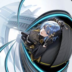  1girl absurdres arms_up black_gloves black_pants black_shirt blue_eyes blue_hair breasts escalator from_above fuann gloves gold hair_ornament highres hololive hoshimachi_suisei hoshimachi_suisei_(spectra_of_nova) looking_at_viewer lying official_alternate_color official_alternate_costume on_back open_mouth pants shirt small_breasts solo star_(symbol) star_in_eye symbol_in_eye virtual_youtuber 