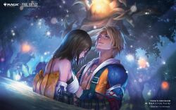  1boy 1girl artist_name beads black_bra black_overalls blonde_hair bra bra_peek brown_hair copyright_name couple detached_sleeves final_fantasy final_fantasy_x fuji_q hair_beads hair_ornament highres jewelry looking_up magic:_the_gathering necklace obi official_art overalls partially_submerged sash short_hair tidus tree underwear water wet yuna_(ff10) 