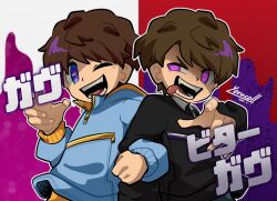  2boys artist_name black_hoodie blue_eyes blue_hoodie brown_hair character_name commentary_request dark_persona highres hood hoodie inoue_shouma kamen_rider kamen_rider_bitter_gavv kamen_rider_gavv_(series) locked_arms looking_at_another looking_to_the_side male_focus multicolored_eyes multiple_boys one_eye_closed open_mouth pants pink_background pink_eyes purple_background purple_trim short_hair teeth tokusatsu tongue tongue_out two-tone_hoodie upper_body violet_eyes white_trim yellow_pants yellow_pupils yellow_trim yorucoll 