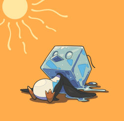  absurdres bird commentary_request eiscue eiscue_(ice) full_body highres hot lying melting no_humans orange_background pokemon pokemon_(creature) pokemon_focus solo sun toucho3691 