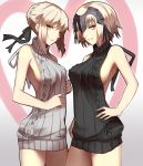  2girls aran_sweater backless_outfit bare_arms bare_shoulders black_ribbon black_sweater braid breasts cowboy_shot dress eyebrows_visible_through_hair fate/grand_order fate/stay_night fate_(series) fingernails french_braid grey_sweater hair_bun hair_ribbon halterneck hands_on_hips hands_up headpiece heart highres jeanne_alter large_breasts legs_together looking_at_viewer medium_breasts multiple_girls naked_sweater no_bra open-back_dress parted_lips ribbed_sweater ribbon ruler_(fate/apocrypha) saber saber_alter shiguru short_hair sideboob sidelocks sleeveless slit_pupils sweater sweater_dress teeth turtleneck turtleneck_sweater virgin_killer_sweater yellow_eyes 