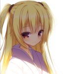  1girl arihara_nanami bangs blonde_hair blush cariboy closed_mouth collarbone eyebrows_visible_through_hair hair_between_eyes japanese_clothes kimono long_hair purple_kimono red_eyes riddle_joker sidelocks simple_background smile solo two_side_up uneven_eyes upper_body white_background 