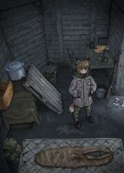  1girl absurdres ammunition_box animal_ears backpack bag black_gloves brown_hair bucket camouflage camouflage_pants chair cooking_pot crate floor fox_ears fox_girl_(yihan_world) fox_tail from_above full_body gloves grey_jacket gun highres hood hood_down hooded_jacket indoors jacket lantern mattress original pants rifle shoes sleeping_bag solo standing table tail unworn_bag weapon wooden_wall yihan_world 