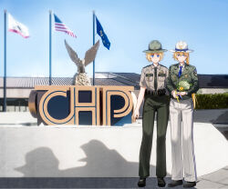  2girls absurdres aiguillette american_flag belt black_belt black_shoes blonde_hair blue_eyes blue_necktie california california_(warship_girls_r) california_highway_patrol californian_flag campaign_hat chinese_commentary collared_shirt commentary_request conscript96 flower green_hat green_jacket green_necktie green_pants hat high-waist_pants highres holding holding_flower holster jacket long_hair long_sleeves looking_at_viewer multiple_girls necktie outdoors pants police police_badge police_hat police_uniform policewoman ponytail real_world_location shirt shoes short_hair short_sleeves tennessee_(warship_girls_r) warship_girls_r white_hat white_pants 