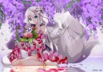 1girl bare_shoulders barefoot blue_eyes bouquet dress dungeon_and_fighter flower fox_tail gh hair_ornament long_hair looking_at_viewer silver_hair sitting smile solo tail very_long_hair wariza water wisteria 