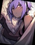  1girl assassin_(fate/prototype_fragments) bangs bed_sheet black_gloves blanket breasts cleavage closed_mouth curtains dutch_angle eyebrows_visible_through_hair fate/prototype fate/prototype:_fragments_of_blue_and_silver fate_(series) fingerless_gloves gloves hair_between_eyes hairband looking_at_viewer lying medium_breasts mephist-pheles on_side purple_hair short_hair_with_long_locks solo turtleneck violet_eyes 