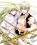  1boy androgynous arabian_clothes axe blonde_hair blue_eyes chains copyright_name cropped_vest earrings enkidu_(fate/strange_fake) fate/grand_order fate_(series) gilgamesh gilgamesh_(caster)_(fate) gold_chain green_eyes green_hair highres jewelry koji-bread long_hair looking_at_viewer male_focus red_eyes shirtless weapon white_background 