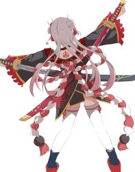  1girl back_tattoo double_bun drawing_sword failure from_behind hair_bun highres holding holding_sword holding_weapon hololive horns japanese_clothes katana kimono long_hair mk_haku nakiri_ayame nakiri_ayame_(1st_costume) scabbard sheath short_kimono sword tattoo thigh-highs virtual_youtuber weapon white_background white_hair white_thighhighs wide_sleeves 