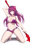  1girl arm_up bikini breasts cleavage commentary_request fate/grand_order fate_(series) flower gae_bolg gg-e hair_flower hair_ornament holding holding_weapon large_breasts long_hair midriff navel purple_hair red_eyes scathach_(fate/grand_order) scathach_(swimsuit_assassin)_(fate) simple_background smile soles solo swimsuit weapon 