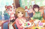  ankle_boots artist_request bangs blush boots breasts brown_eyes brown_hair cardigan cleavage closed_eyes collarbone cup doughnut drink drinking_glass eating eyelashes faceless flower food fruit hair_flower hair_ornament idolmaster idolmaster_cinderella_girls idolmaster_cinderella_girls_starlight_stage jewelry large_breasts looking_at_viewer macaron mimura_kanako mirror necklace official_art oikawa_shizuku open_mouth pantyhose plate plump ponytail redhead shiina_noriko short_hair sitting skirt smile sweater sweets table teacup teapot turtleneck turtleneck_sweater 