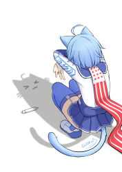  &gt;_&lt; 1girl :3 absurdres animal_ears artist_name atlanta_(warship_girls_r) blue_hair blue_sailor_collar blue_sky blue_thighhighs cape cat_ears cat_girl cat_shadow_puppet_(meme) cat_tail crayon crossed_arms from_above from_behind full_body garter_straps highres meme red_cape sailor_collar shadow shirt simple_background sky solo tail thigh-highs warship_girls_r white_background white_shirt williamb x3 