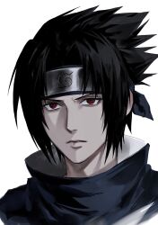  1boy black_hair expressionless forehead_protector highres konohagakure_symbol looking_at_viewer male_focus naruto naruto_(series) pale_skin red_eyes sharingan short_hair simple_background solo sso_s uchiha_sasuke white_background 