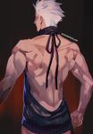  1boy archer ass astarone back backless_outfit dark_skin dark_skinned_male fate/stay_night fate_(series) from_behind male_focus manly muscle short_hair solo virgin_killer_sweater white_hair 