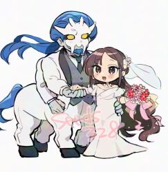  1boy 1girl artist_name blue_hair blush bouquet bridal_veil brown_eyes brown_hair centaur chibi colored_skin dress extra_arms fate/grand_order fate_(series) grey_skin holding holding_bouquet long_hair necktie seeds328 suit taur veil very_long_hair wedding_dress white_suit xiang_yu_(fate) yellow_eyes yu_mei-ren_(fate) 