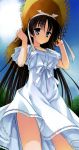  1girl absurdres black_hair blue_eyes collarbone dress eyebrows_visible_through_hair from_below hair_ribbon hat hidan_no_aria highres hotogi_shirayuki kobuichi long_hair looking_at_viewer outdoors ribbon solo standing straw_hat sundress white_dress white_ribbon 