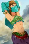  1boy abs alternate_costume armpits arms_behind_head blonde_hair blue_eyes crossdressinging detached_sleeves gerudo_link haru3201 highres link looking_at_viewer male_focus navel pointy_ears solo stomach the_legend_of_zelda the_legend_of_zelda:_breath_of_the_wild toned toned_male trap veil 