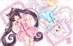 2girls :3 :d animal_ears artist_name bangs bed_sheet blue_eyes blunt_bangs bow brown_eyes brown_hair cat_ears cat_tail chocola_(sayori) floral_print frilled_pillow frills from_above hair_bow hands_on_own_chest hands_together highres leg_garter long_hair looking_at_viewer low_twintails lying multiple_girls nekopara official_art on_back open_mouth pajamas pillow puffy_short_sleeves puffy_sleeves ribbon sayori short_sleeves slit_pupils smile tail twintails vanilla_(sayori) very_long_hair wallpaper white_background wrist_ribbon 