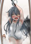  2girls armpits bad_anatomy black_hair blush brown_hair glasses gundam gundam_barbatos gundam_tekketsu_no_orphans highres kantai_collection long_hair mace mikazuki_(kantai_collection) mochizuki_(kantai_collection) multiple_girls naked_towel open_mouth red-framed_eyewear rivu_penguin tears towel weapon yellow_eyes 