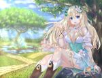  1girl blonde_hair blue_eyes blush breasts choujigen_game_neptune cleavage dappled_sunlight flower four_goddesses_online:_cyber_dimension_neptune hair_flower hair_ornament highres large_breasts long_hair looking_at_viewer neptune_(series) open_mouth smile solo sunlight vert 