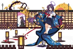  4girls black_sailor_collar black_sandals black_skirt blue_archive blue_kimono cherry_blossoms fang fence flower full_body hair_flower hair_ornament halo ideolo japanese_clothes kikyou_(blue_archive) kimono lantern leaf long_hair long_sleeves looking_at_viewer midriff_peek multiple_girls nagusa_(blue_archive) neckerchief one_eye_closed open_clothes open_kimono open_mouth parted_bangs platform_sandals purple_flower purple_hair purple_halo red_neckerchief renge_(blue_archive) sailor_collar sandals school_uniform silhouette skin_fang skirt socks tree very_long_hair white_sailor_collar white_socks wooden_fence yukari_(blue_archive) 