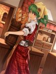  1girl apron asu_tora baguette bakery basket belt bread breasts commentary_request earrings food green_hair hair_ornament hairpin head_scarf highres indoors jewelry kazami_yuuka looking_at_viewer medium_breasts oven photo_(object) plaid plaid_skirt plaid_vest red_eyes red_skirt shop skirt skirt_set sleeves_rolled_up solo standing touhou vest 