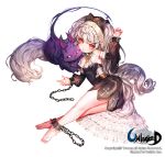  1girl artist_name barefoot cat chains cheek-to-cheek copyright_name creature cross cuffs detached_sleeves kitten long_hair looking_at_viewer official_art red_eyes shackles silver_hair terong unleashed violet_eyes 