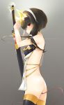  1girl akihara_nakuru ass backless_outfit bangs bare_back bare_shoulders black_hair breasts closed_mouth from_side glint grey_background hair_between_eyes headband headgear holding holding_sword holding_weapon looking_at_viewer original profile red_eyes revealing_clothes sheath short_hair_with_long_locks small_breasts solo sword thigh-highs unsheathing weapon 