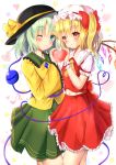  2girls ;) arm_garter ascot bangs black_hat blonde_hair blue_eyes blush bow closed_mouth cowboy_shot crystal eyeball flandre_scarlet frilled_shirt_collar frilled_sleeves frills from_side green_hair green_skirt hat hat_bow hat_ribbon heart heart_of_string highres komeiji_koishi long_sleeves looking_at_viewer looking_to_the_side mob_cap mogupuchi multiple_girls navel one_eye_closed orange_eyes puffy_short_sleeves puffy_sleeves red_bow red_skirt red_vest ribbon shirt short_sleeves side_ponytail skirt skirt_set smile third_eye touhou vest wide_sleeves wings wrist_cuffs yellow_ribbon yellow_shirt 