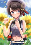  1girl beret black_hair blue_eyes blue_sky blush breasts commentary day flower hat hololive large_breasts looking_at_viewer navel oozora_haru oozora_subaru outdoors parted_lips shirt short_hair signature sky sleeveless sleeveless_shirt solo sunflower suspenders upper_body virtual_youtuber 