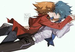  2boys between_legs between_thighs black_pants black_shirt blue_hair blue_vest brown_eyes brown_hair cocaduel denim dress_shirt facing_another facing_to_the_side frilled_sleeves frills green_eyes hair_slicked_back hand_on_another's_back hand_on_another's_waist heads_together highres holding_hands interlocked_fingers jacket jeans johan_andersen leaning_back leaning_forward leaning_on_person looking_to_the_side lying male_focus multiple_boys on_back on_ground one_eye_closed open_clothes open_jacket open_vest pants popped_collar red_jacket shirt smile spread_legs vest watermark white_background white_shirt yu-gi-oh! yu-gi-oh!_gx yuki_judai 