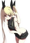  1girl backless_outfit bangs bare_arms bare_shoulders black_sweater blazblue blonde_hair blunt_bangs breasts closed_mouth cowboy_shot dress eyebrows_visible_through_hair eyelashes hair_between_eyes hair_ribbon hair_tucking halterneck kaname_nagi leaning_forward long_hair looking_at_viewer naked_sweater open-back_dress rachel_alucard red_eyes ribbed_sweater ribbon sideboob sidelocks simple_background small_breasts smile solo sweater sweater_dress twintails very_long_hair virgin_killer_sweater white_background 
