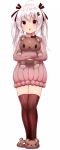  1girl :3 :o absurdres ahoge animal_slippers bangs bear_hair_ornament brown_ribbon closed_mouth eyebrows_visible_through_hair full_body hair_between_eyes hair_ornament hair_ribbon highres long_hair looking_at_viewer object_hug open_mouth original over-kneehighs red_eyes ribbed_sweater ribbon silver_hair simple_background solo stuffed_animal stuffed_toy sukemyon sweater teddy_bear thigh-highs turtleneck turtleneck_sweater twintails white_background 