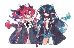  1boy 1girl arknights bare_legs bare_shoulders bitey_(arknights) black_coat black_hair blue_hair blush_stickers brother_and_sister cleavage_cutout clothing_cutout coat colored_extremities colored_skin colored_tips commentary_request cropped_legs dragon_boy dragon_girl dragon_horns dragon_tail dusk_(arknights) frown green_eyes green_hair green_skin hair_over_one_eye horns long_hair long_sleeves looking_at_another multicolored_hair necktie object_request open_mouth pants red_eyes red_hair red_necktie red_skin shirt siblings simple_background smile streaked_hair tail white_background white_pants white_shirt wide_sleeves ym_dpl yu_(arknights) 