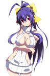  1girl :o antenna_hair backless_outfit bangs bare_shoulders blazblue blue_hair bow breast_hold breasts center_opening cleavage contrapposto cowboy_shot dress female genderswap genderswap_(mtf) hair_between_eyes hair_bow halterneck head_tilt highres kaname_nagi large_breasts leaning_to_the_side long_hair looking_at_viewer mai_natsume naked_sweater open-back_dress parted_lips ponytail purple_hair red_eyes ribbed_sweater ribbon sidelocks simple_background sketch solo sweater sweater_dress thigh_gap very_long_hair violet_eyes virgin_killer_sweater white_background yellow_bow 