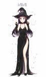  1girl bare_shoulders black_dress black_hair black_shoes blue_eyes blush bow breasts cleavage double_v dress dungeon_and_fighter elbow_gloves fingerless_gloves full_body gloves hat hat_bow highres long_dress looking_at_viewer shoes side_slit simeoneo smile solo spaghetti_strap sparkle standing v witch_hat 