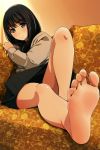  1girl barefoot black_eyes black_hair blush eyebrows_visible_through_hair feet highres light_smile long_hair looking_at_viewer matsunaga_kouyou original pov_feet short_hair soles solo toes 