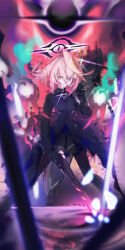  1girl absurdres ahoge black_gloves blue_archive blue_eyes broken_halo corinalyce1 dark_halo gloves gun hair_between_eyes halo highres holding holding_gun holding_weapon hoshino_(blue_archive) hoshino_terror_(blue_archive) huge_ahoge long_sleeves pink_hair pink_halo short_hair shotgun solo standing textless_version weapon 