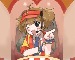  1girl ahoge badge black_eyes blue_necktie blunt_bangs blush brown_hair gears hat headset highres imadake_dabuchi_tabemi looking_at_viewer mcdonald's necktie one_eye_closed open_mouth pointing pointing_at_viewer red_hat shirt smile solo striped_clothes striped_shirt torotoro_no twintails v-shaped_eyebrows vertical-striped_clothes vertical-striped_shirt visor_cap white_shirt wristband yellow_happi 