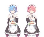  2429144768 2girls blue_eyes blue_hair blush breasts cake cleavage cowboy_shot detached_sleeves eyes_visible_through_hair food frilled_sleeves frills fruit hair_ornament hair_over_one_eye highres holding holding_spoon looking_at_viewer maid maid_headdress medium_breasts multiple_girls pantyhose pink_eyes pink_hair plate ram_(re:zero) re:zero_kara_hajimeru_isekai_seikatsu rem_(re:zero) ribbon-trimmed_clothes ribbon_trim siblings simple_background sisters slice_of_cake spoon strawberry twins white_background wide_sleeves x_hair_ornament 